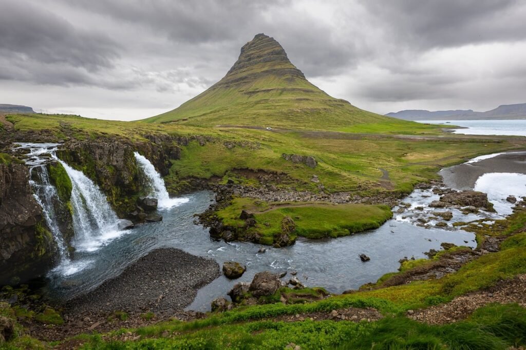 waterfall, kirkjufell, iceland, mountain, water, clouds, landscape, falls, nature, stream, river, brook